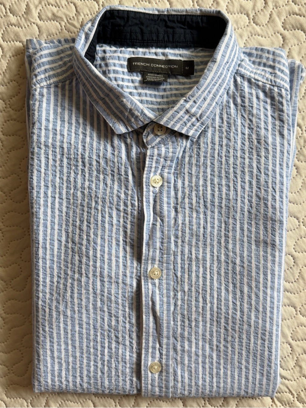 French Connection Medium 100% Cotton Textured Blue/White Striped Button-Up Shirt